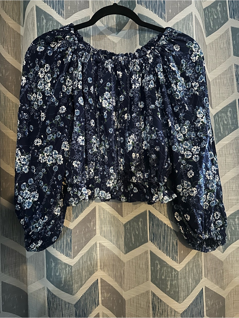 Angie Floral Peasant Navy Blouse Off Shoulder Bell Sleeve Boho Cottagecore Large